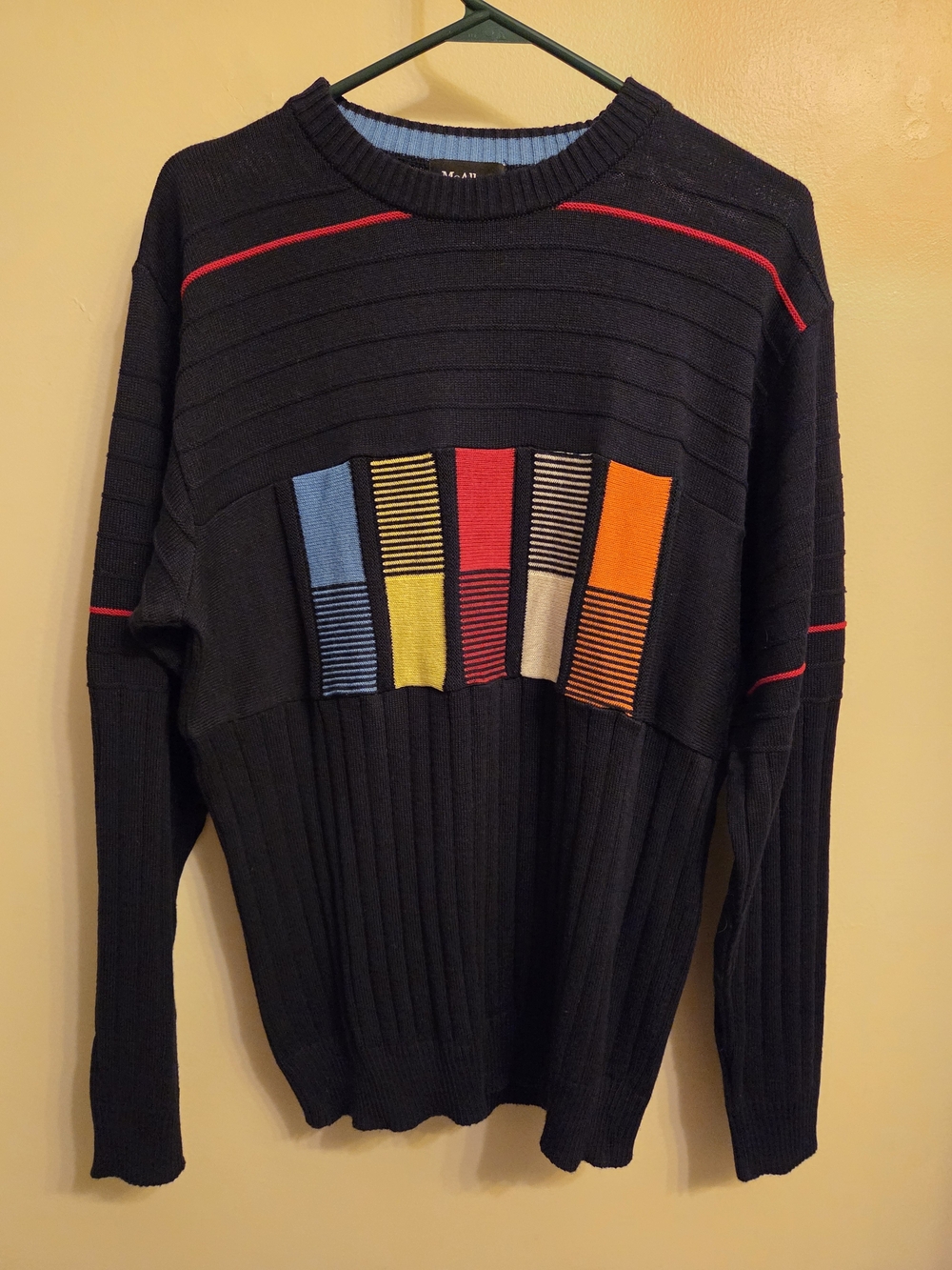 Vintage McAllan Italy Knit Sweater Navy Blue Colorblock Retro Grandpa Mens L